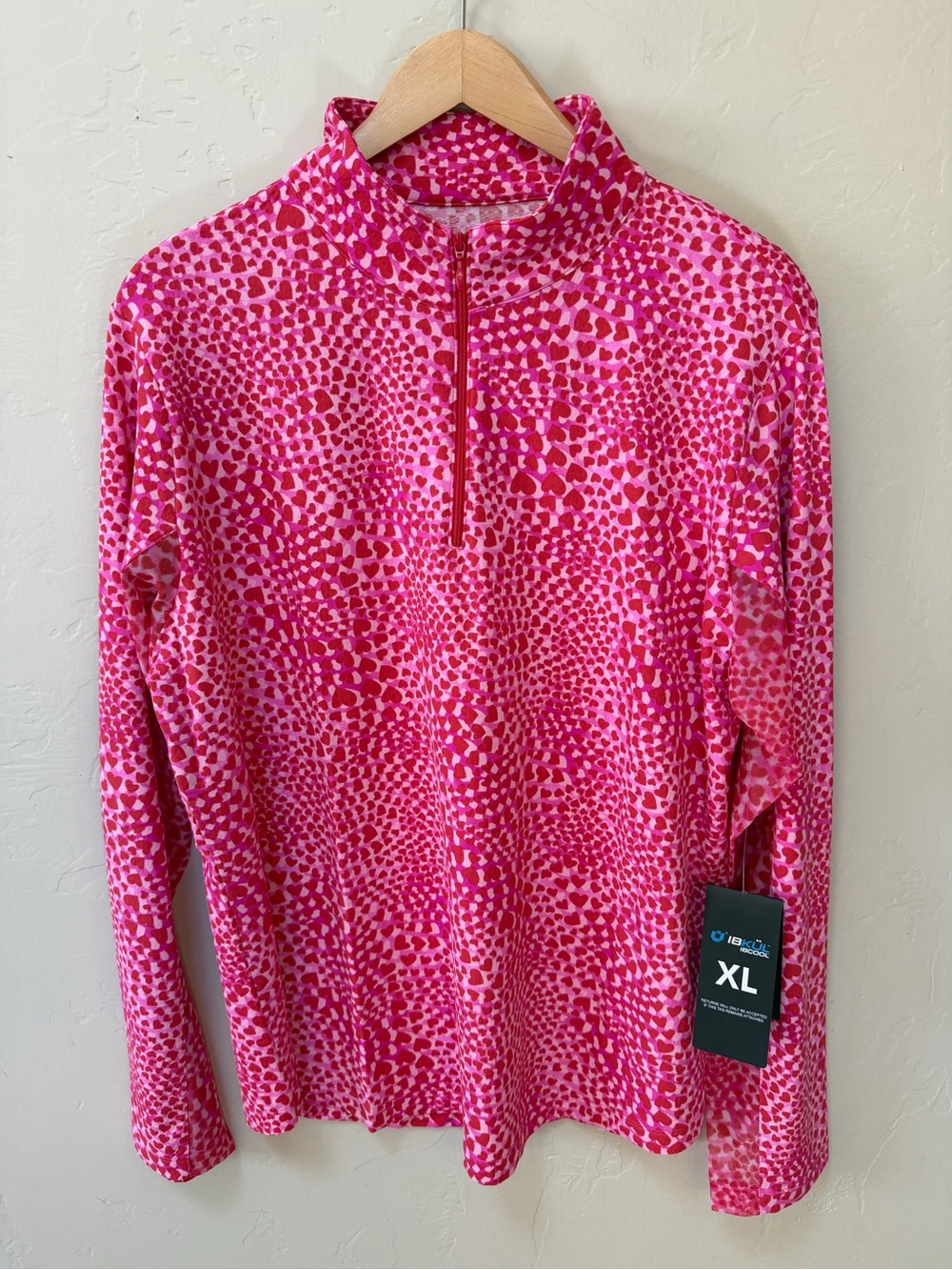 IBKUL Amanda Long Sleeve Top 1/4 Zip Mock Neck Red Hot Pink Hearts Golf Sz XL